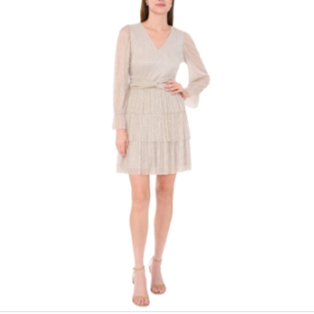 state Women's Metallic Crinkled Tiered Fit & Flare Dress - Silver Gold